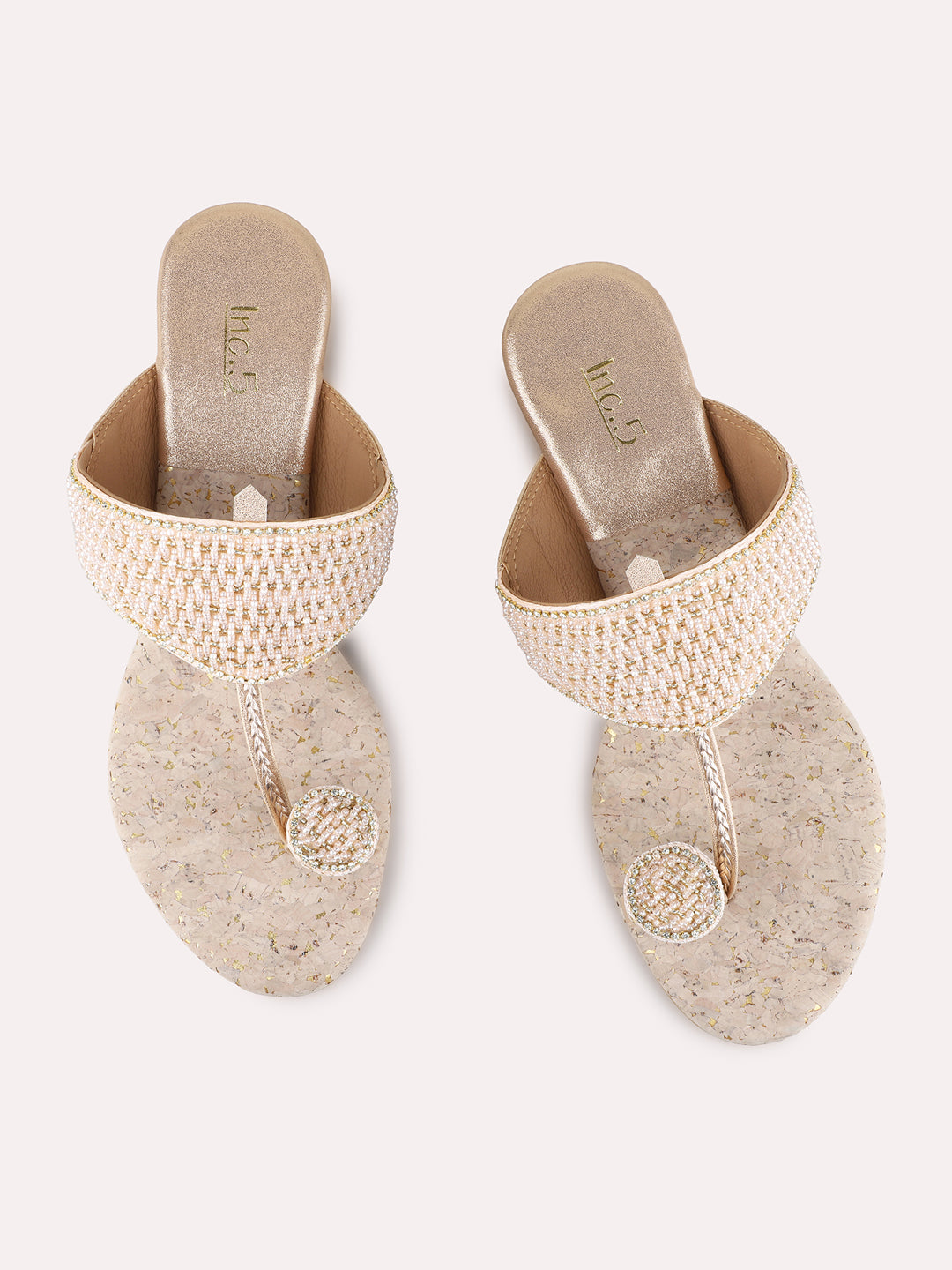 Womens Rose Gold Ethnic Embellished Round Toe Wedge Heels