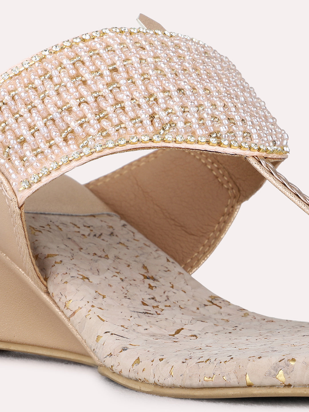 Womens Rose Gold Ethnic Embellished Round Toe Wedge Heels