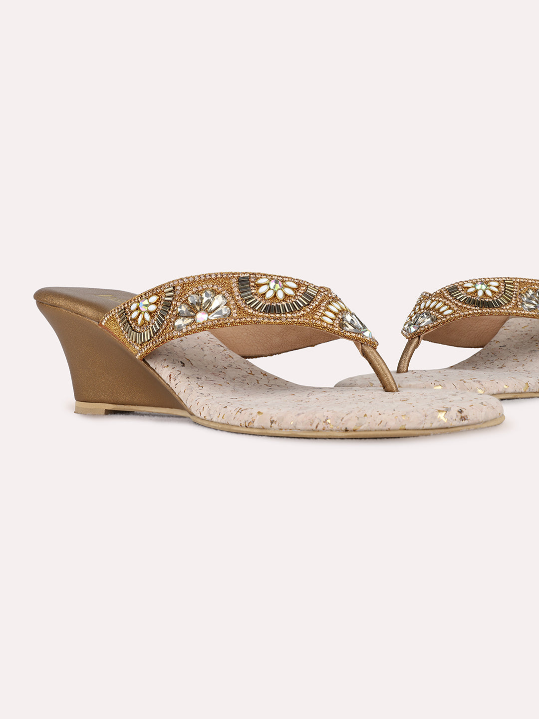 Womens Golden Ethnic Embellished Pattern Round Toe Wedge Heels