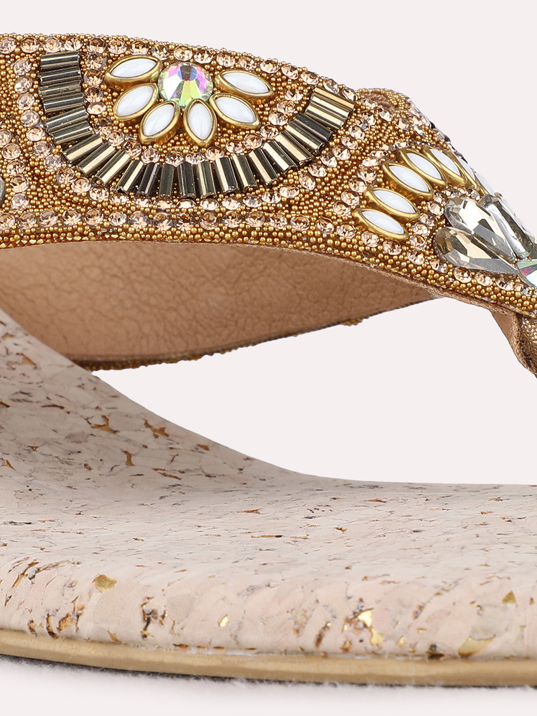 Womens Golden Ethnic Embellished Pattern Round Toe Wedge Heels