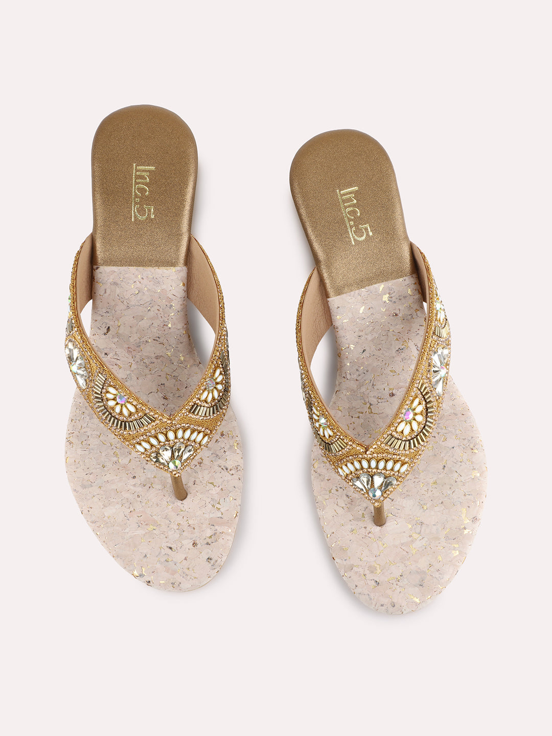 Womens Golden Ethnic Embellished Pattern Round Toe Wedge Heels