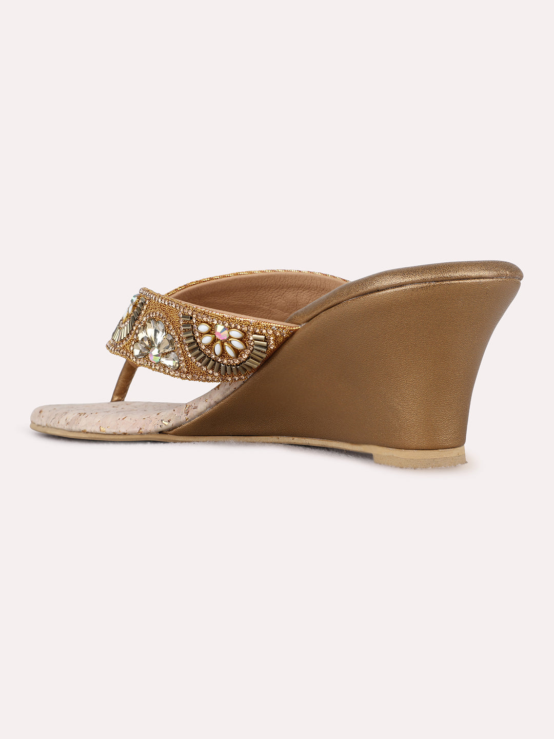 Womens Golden Ethnic Embellished Pattern Round Toe Wedge Heels