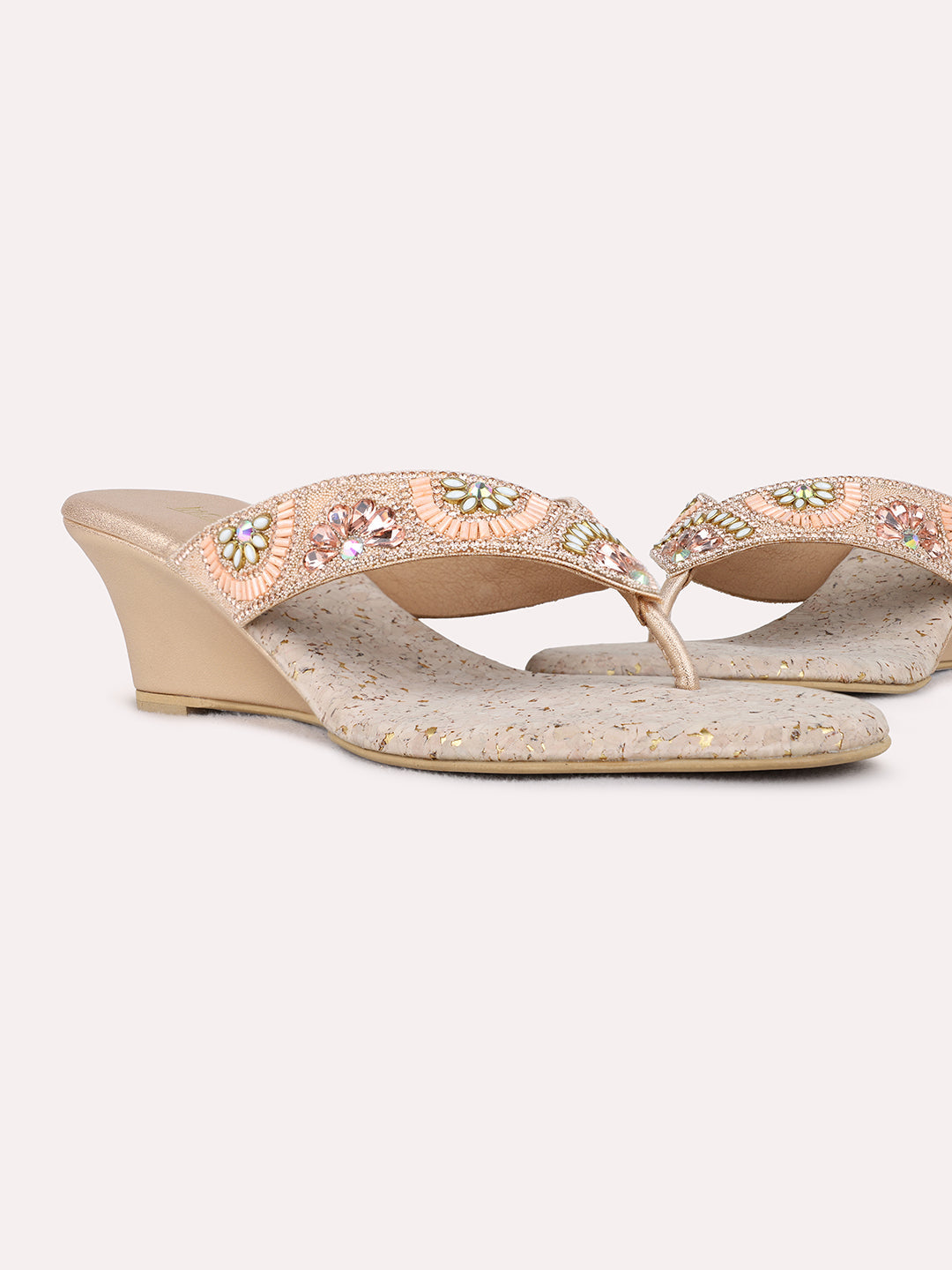 Womens Rose Gold Ethnic Embellished Round Toe Wedge Heel Sandals