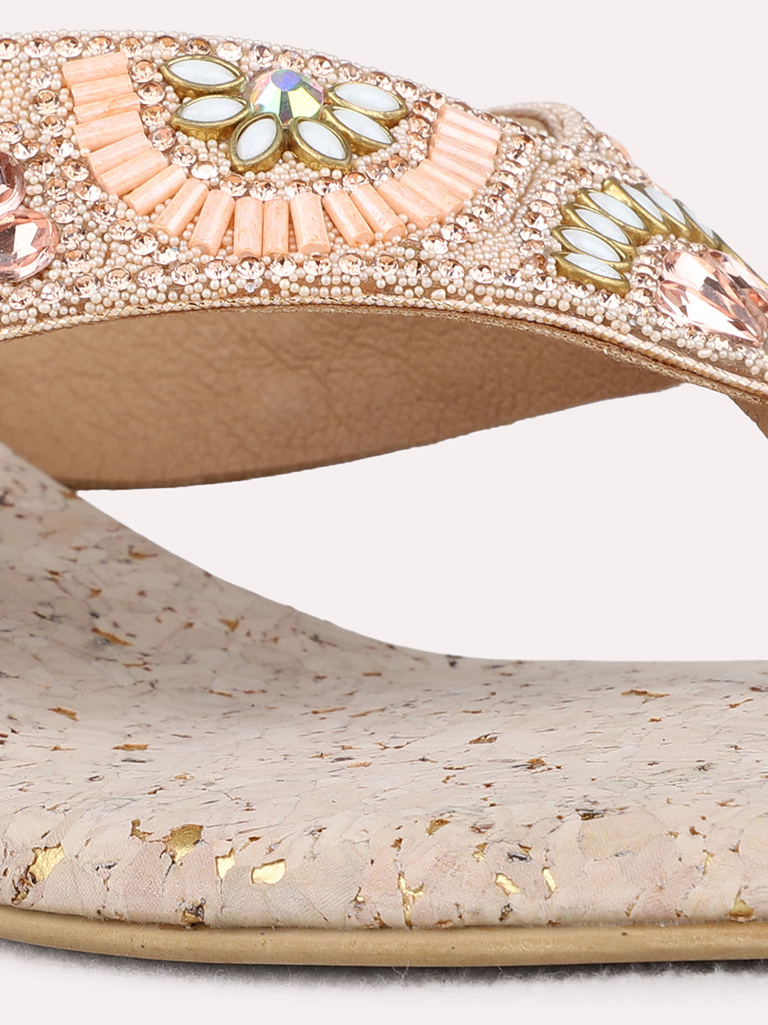 Womens Rose Gold Ethnic Embellished Round Toe Wedge Heel Sandals