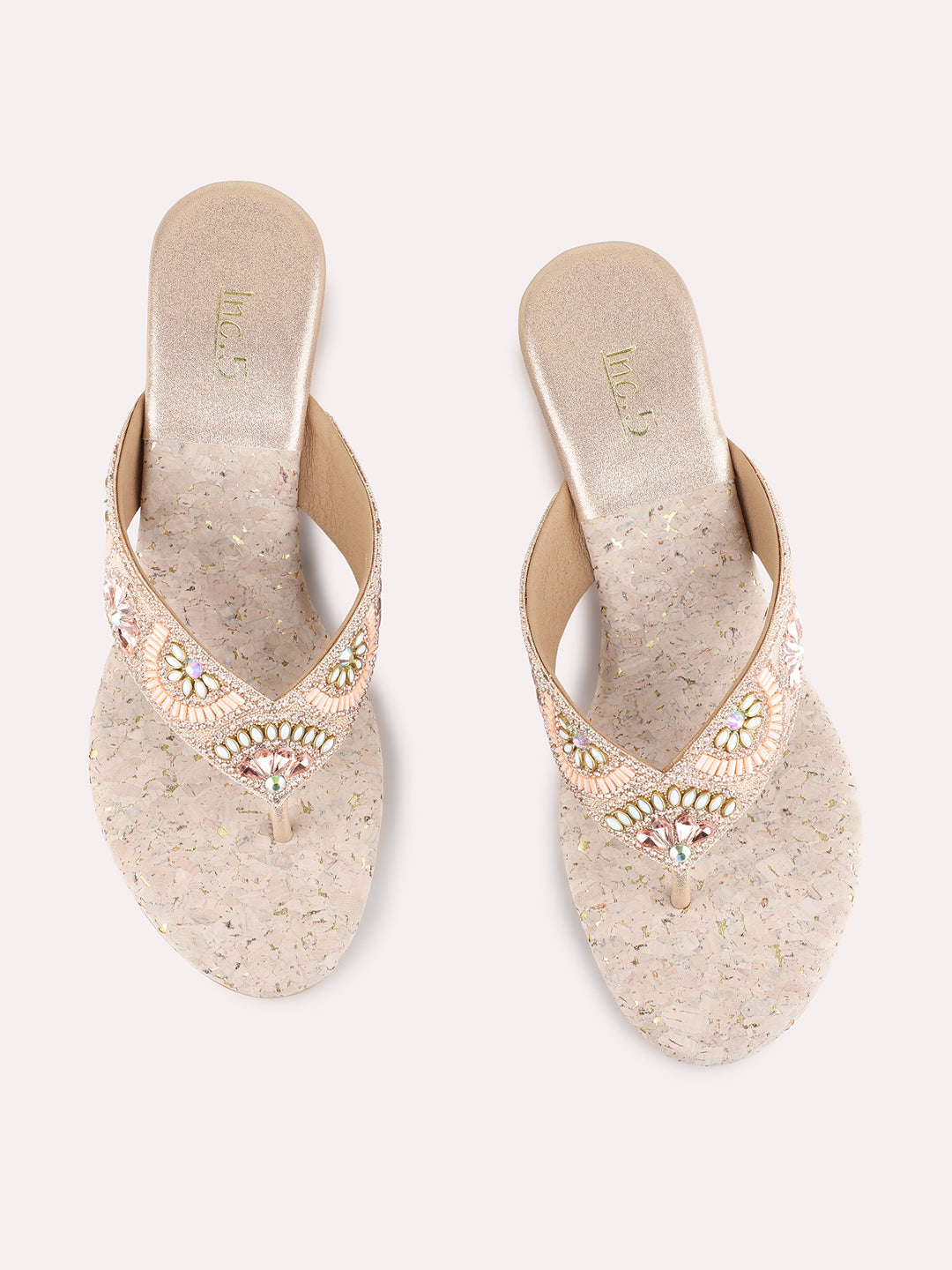 Womens Rose Gold Ethnic Embellished Round Toe Wedge Heel Sandals
