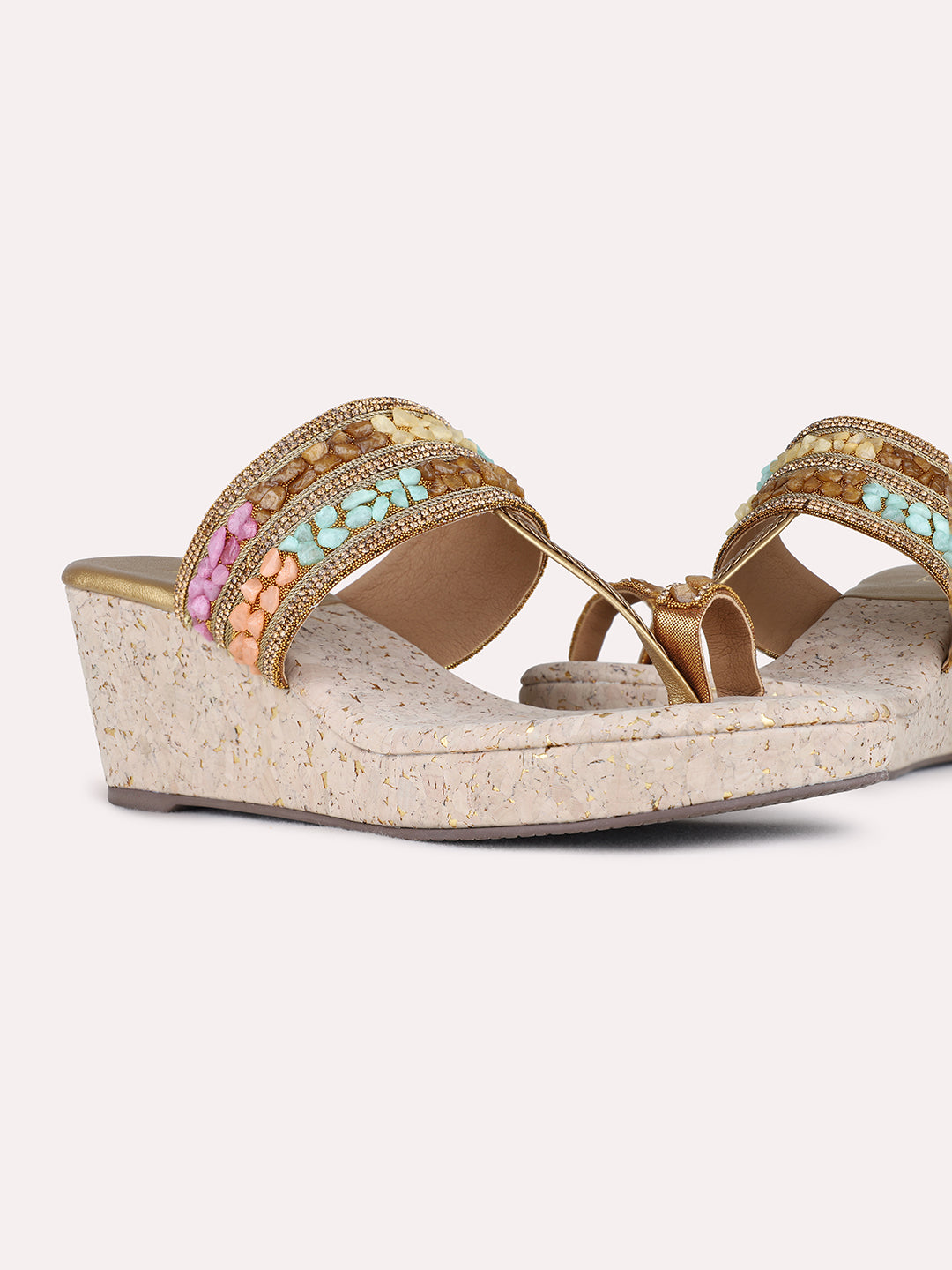 Womens Golden Ethnic Embellished Pattern Pointed Toe Wedge Heel Sandals