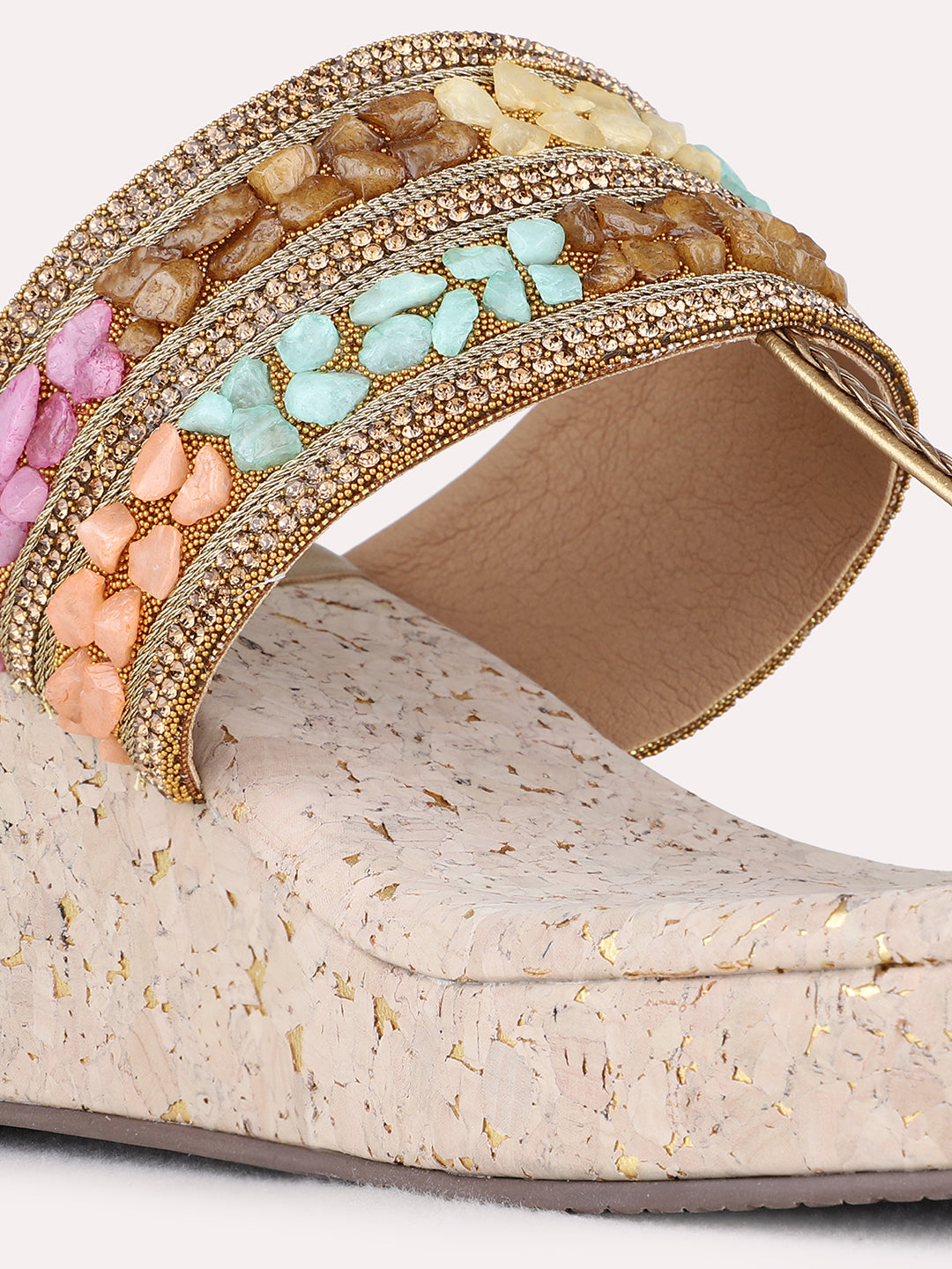 Womens Golden Ethnic Embellished Pattern Pointed Toe Wedge Heel Sandals