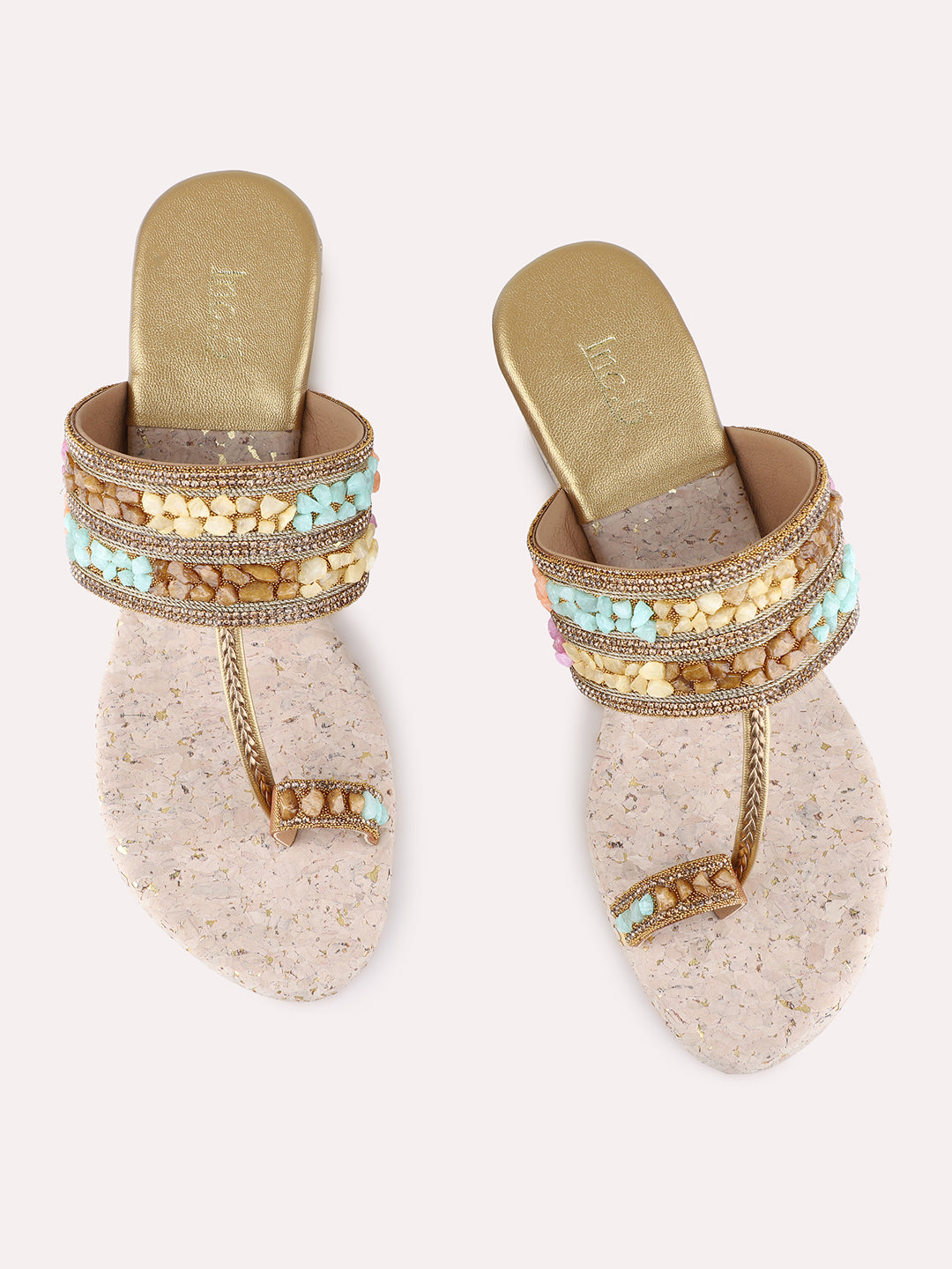 Womens Golden Ethnic Embellished Pattern Pointed Toe Wedge Heel Sandals