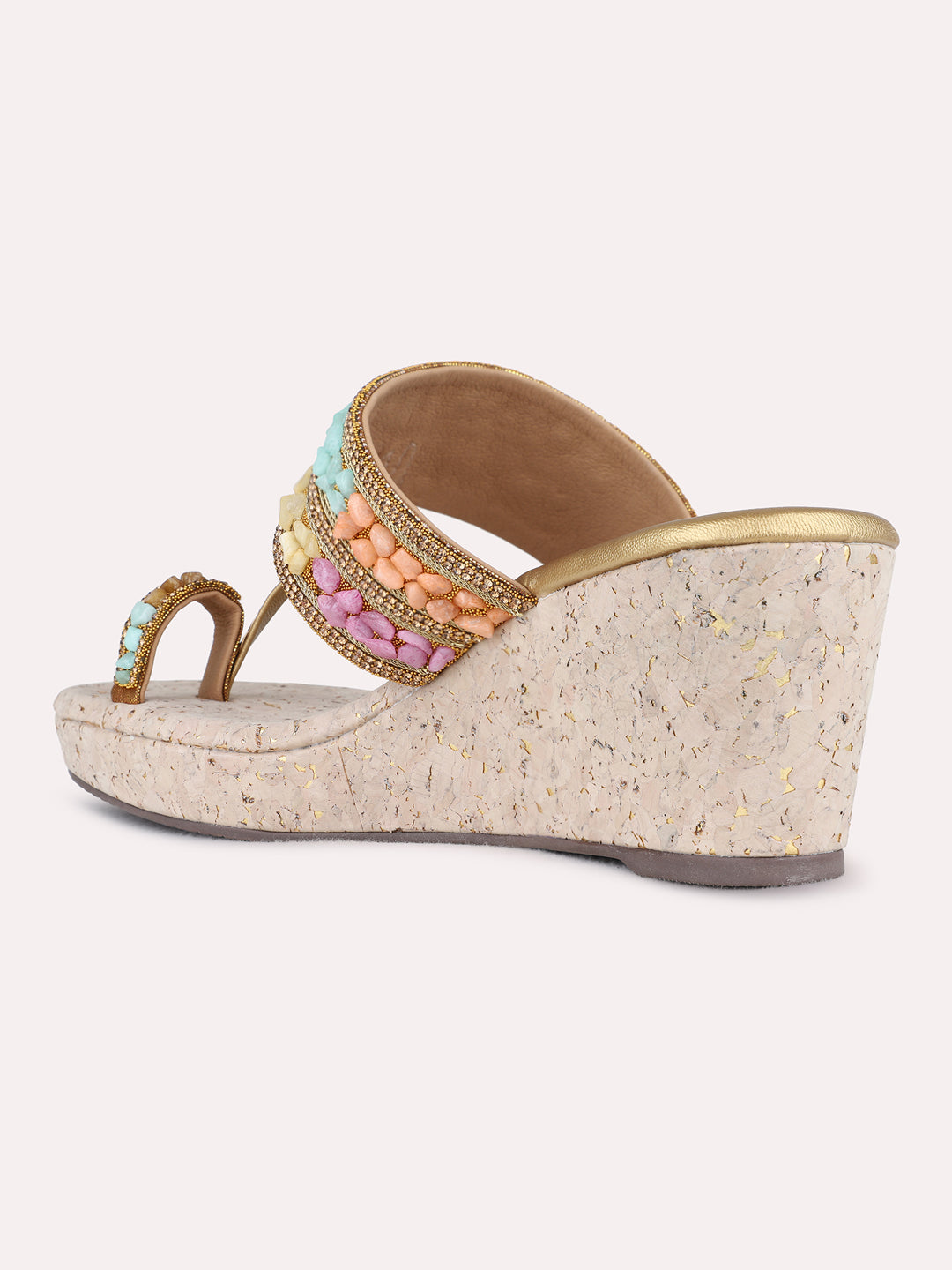 Womens Golden Ethnic Embellished Pattern Pointed Toe Wedge Heel Sandals