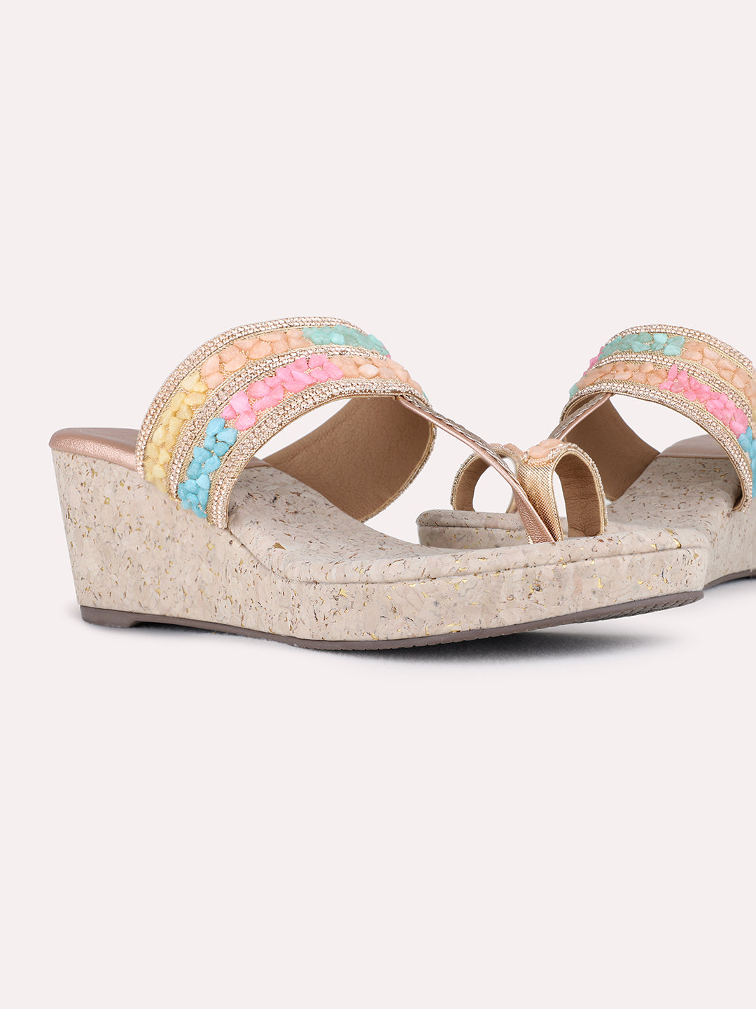 Womens Rose Gold Ethnic Embellished Pointed Toe Wedge Heel Sandals