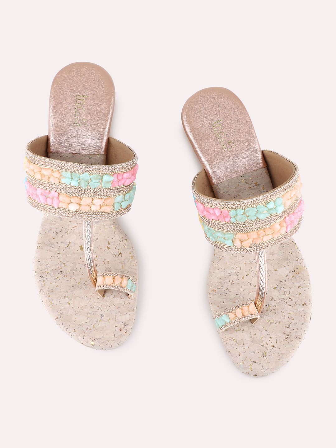 Womens Rose Gold Ethnic Embellished Pointed Toe Wedge Heel Sandals