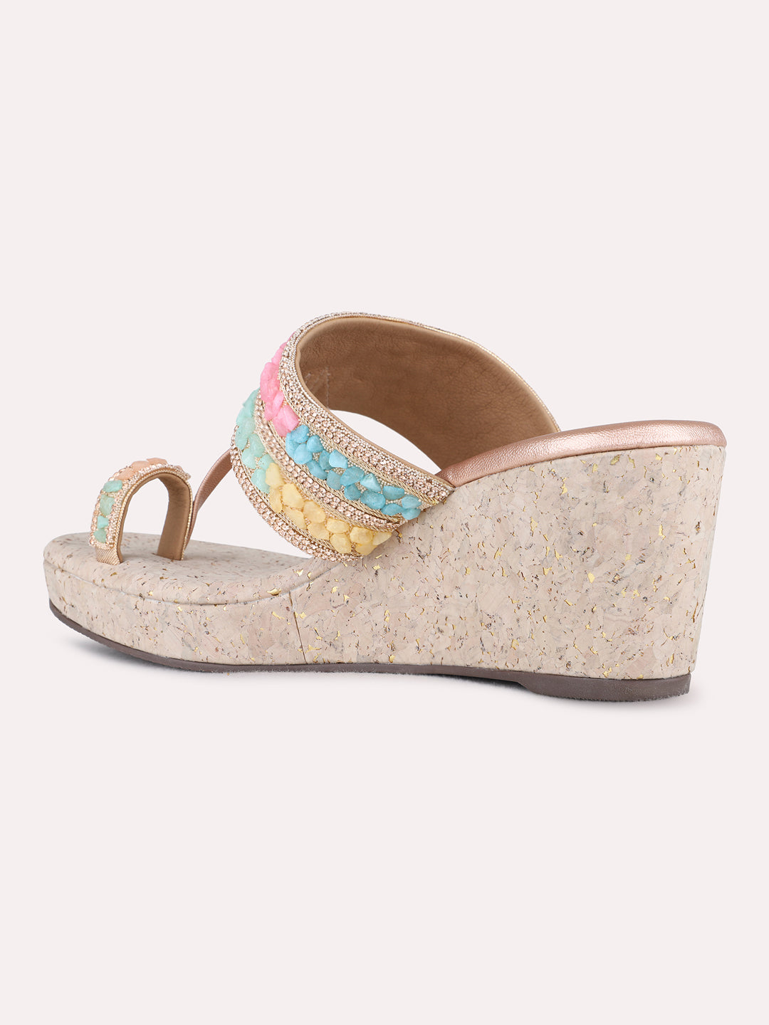 Womens Rose Gold Ethnic Embellished Pointed Toe Wedge Heel Sandals