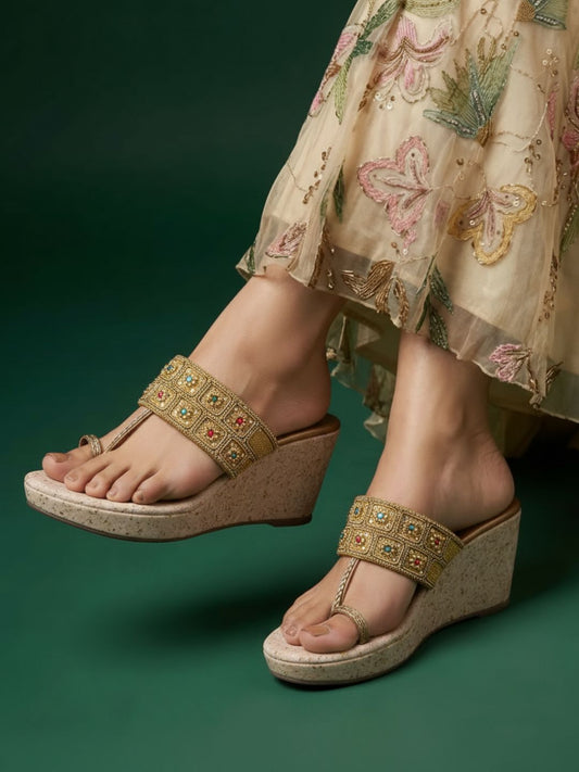Womens Golden Ethnic Embellished Pattern Round Toe Wedges