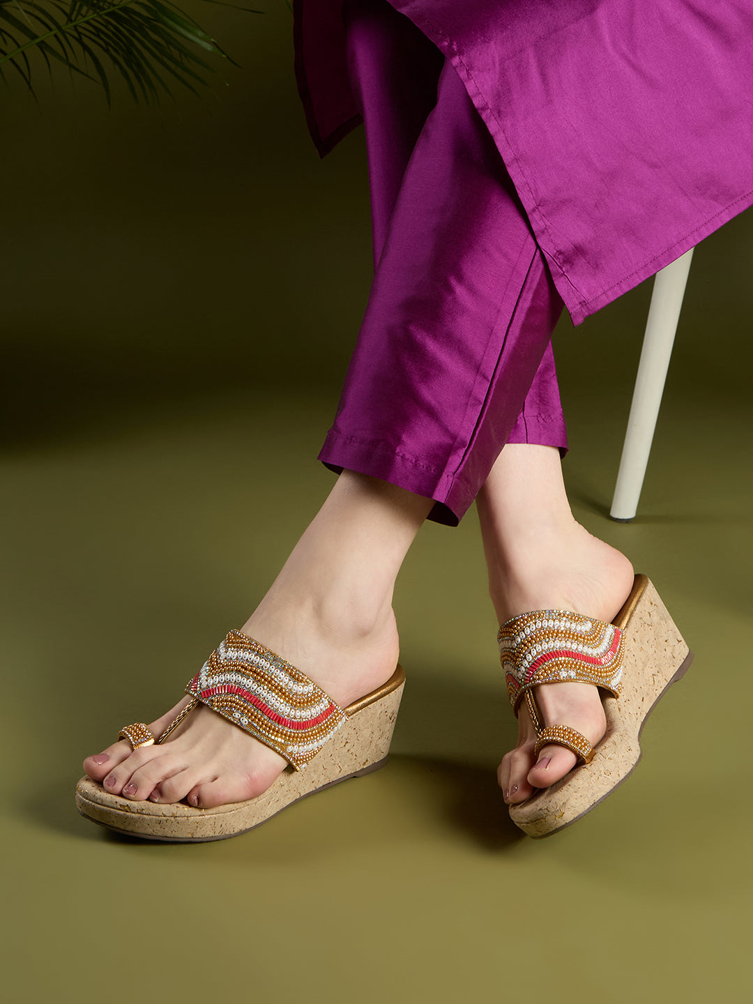 Womens Golden Ethnic Round Toe Wedge Heel Sandals