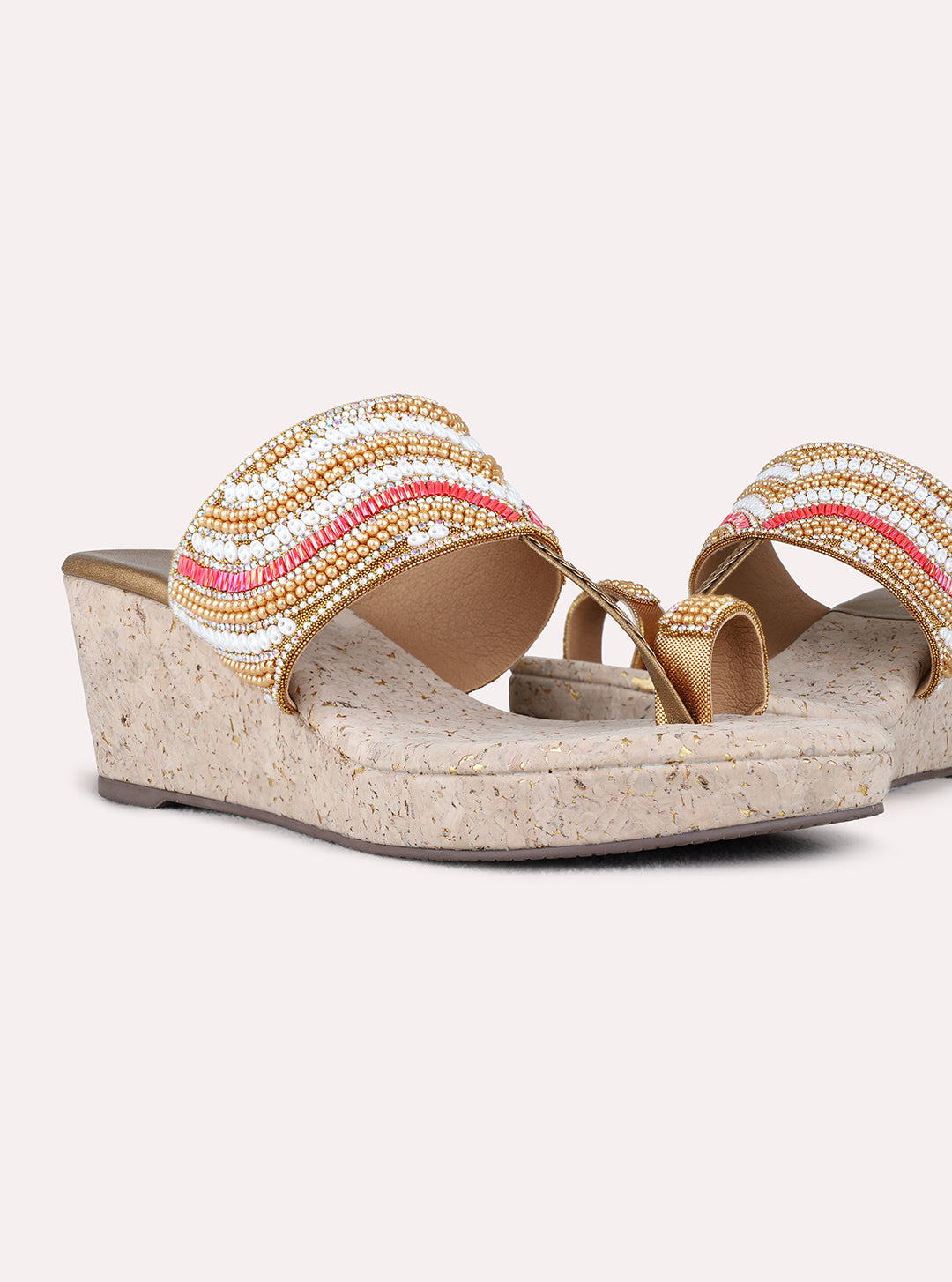 Womens Golden Ethnic Round Toe Wedge Heel Sandals