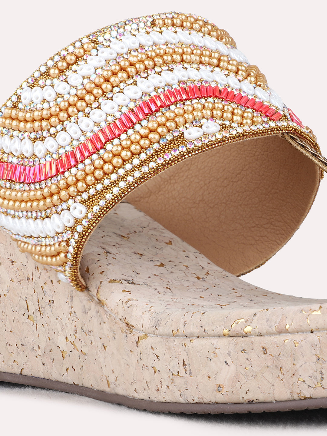 Womens Golden Ethnic Round Toe Wedge Heel Sandals