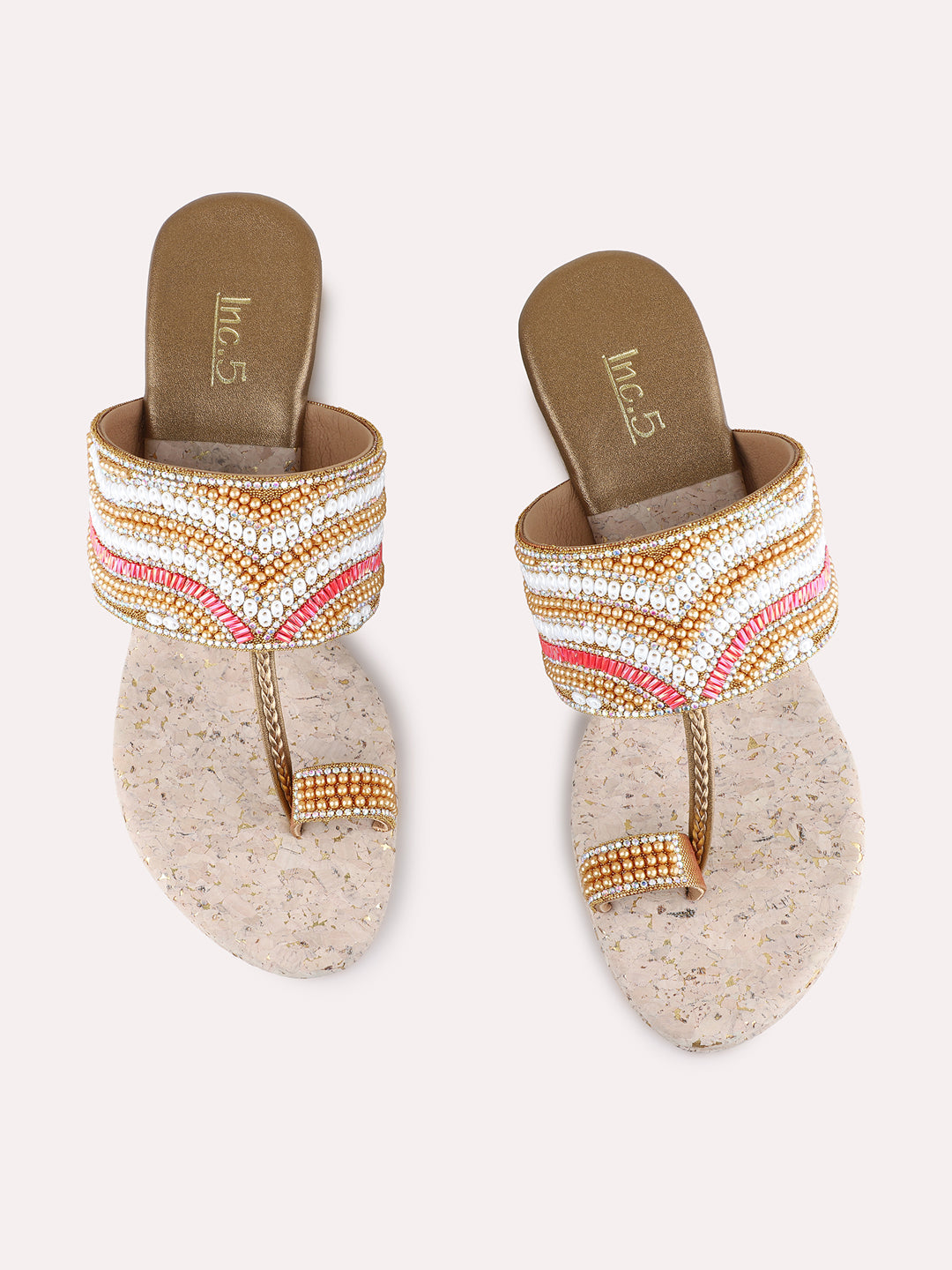 Womens Golden Ethnic Round Toe Wedge Heel Sandals