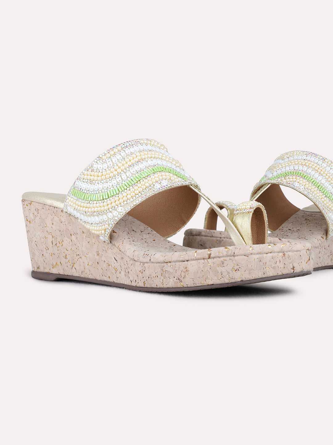 Womens Golden Ethnic Embellished Round Toe Wedge Heels