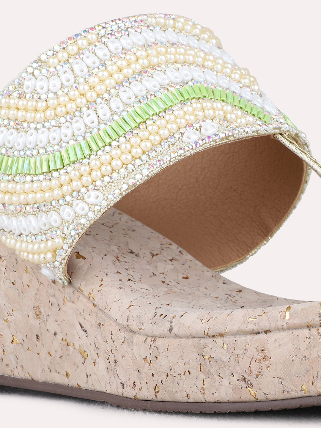 Womens Golden Ethnic Embellished Round Toe Wedge Heels