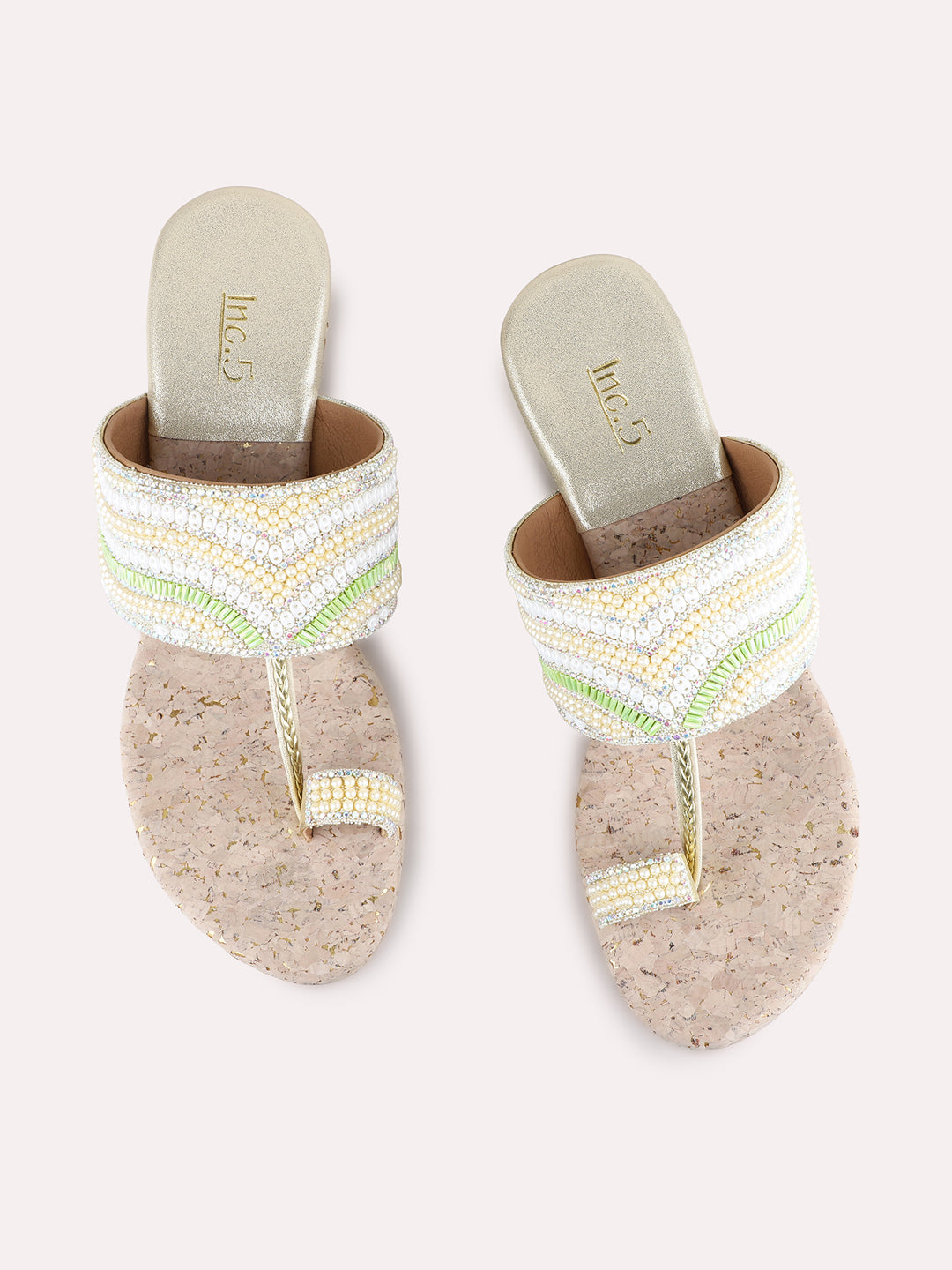Womens Golden Ethnic Embellished Round Toe Wedge Heels