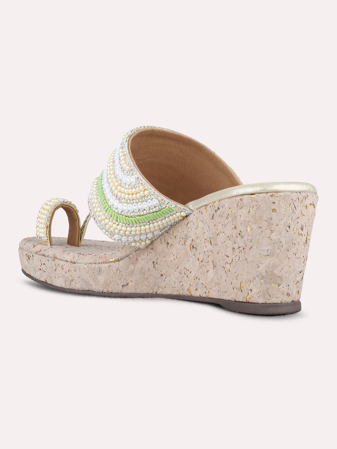 Womens Golden Ethnic Embellished Round Toe Wedge Heels