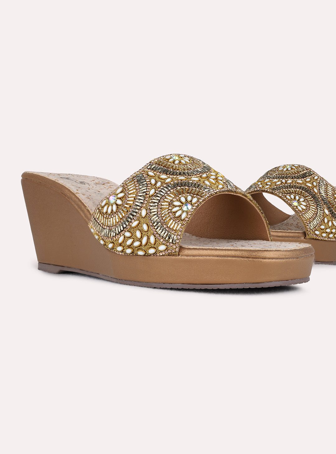 Womens Golden Ethnic Embellished Pattern Round Toe Wedges