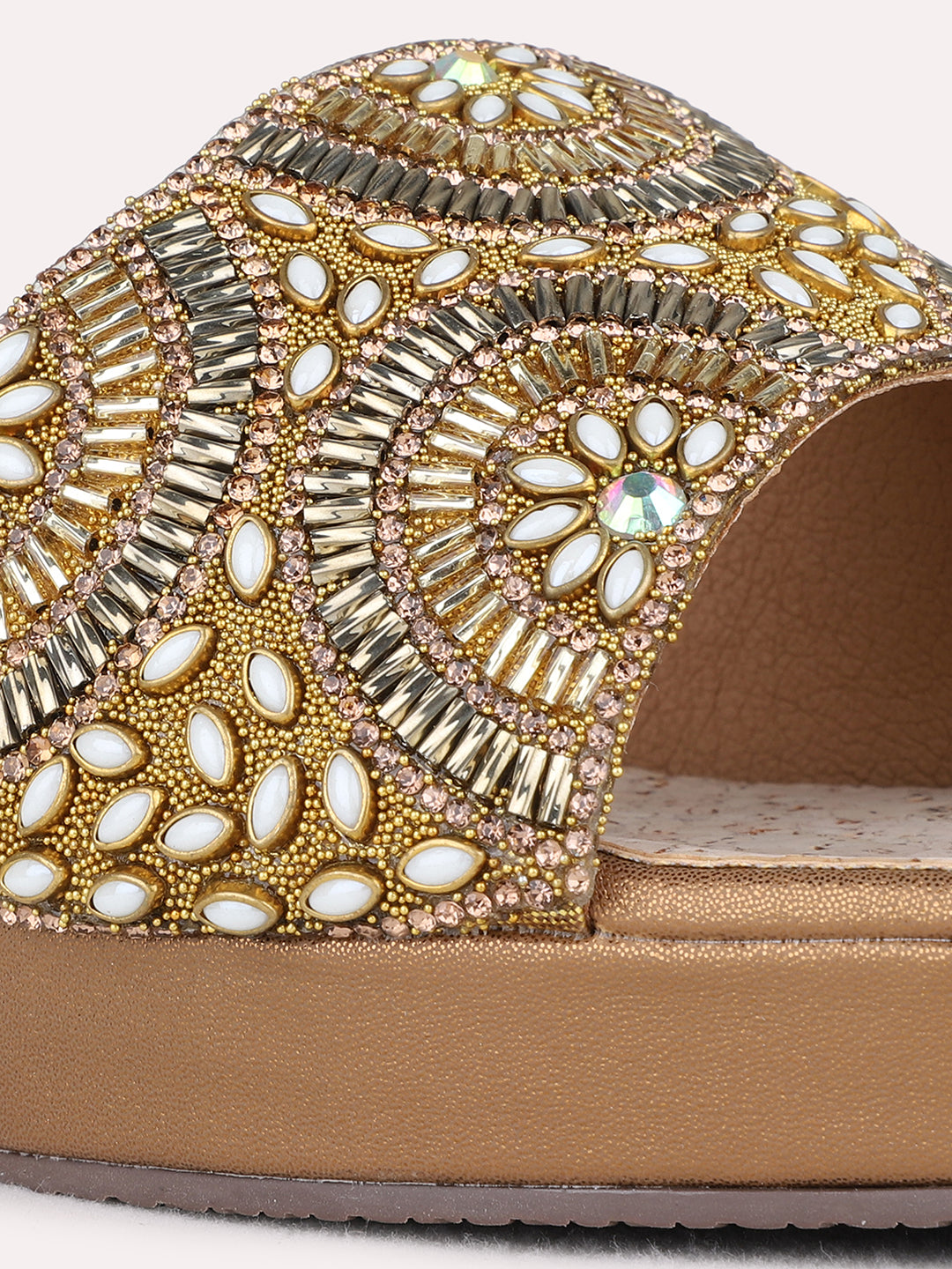 Womens Golden Ethnic Embellished Pattern Round Toe Wedges