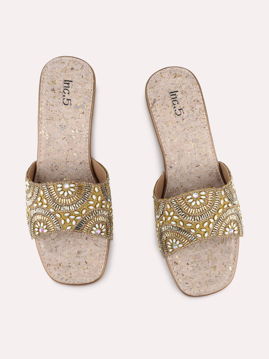 Womens Golden Ethnic Embellished Pattern Round Toe Wedges