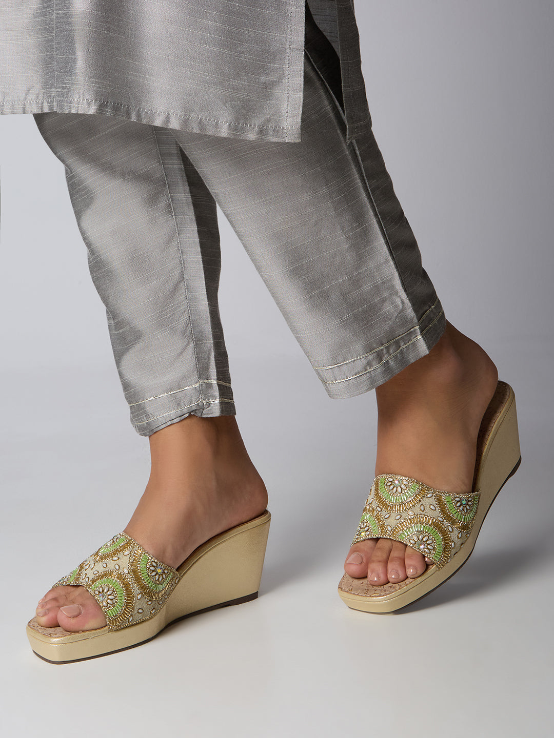 Womens Golden Ethnic Embellished Round Toe Wedge Heel Sandals