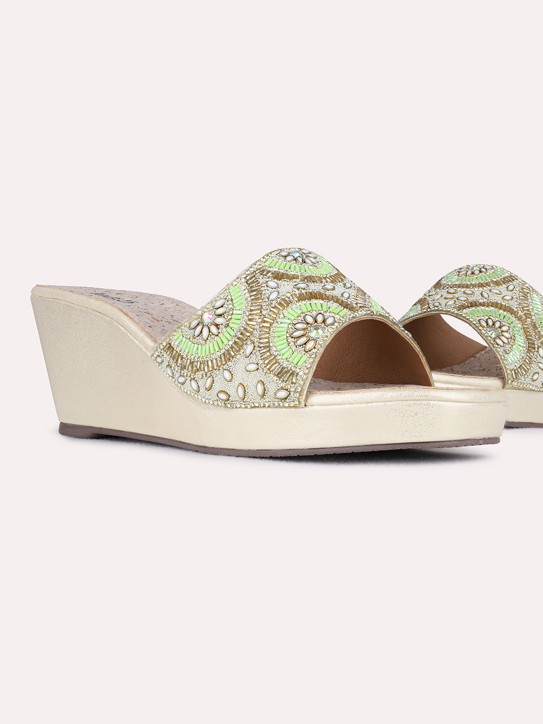 Womens Golden Ethnic Embellished Round Toe Wedge Heel Sandals