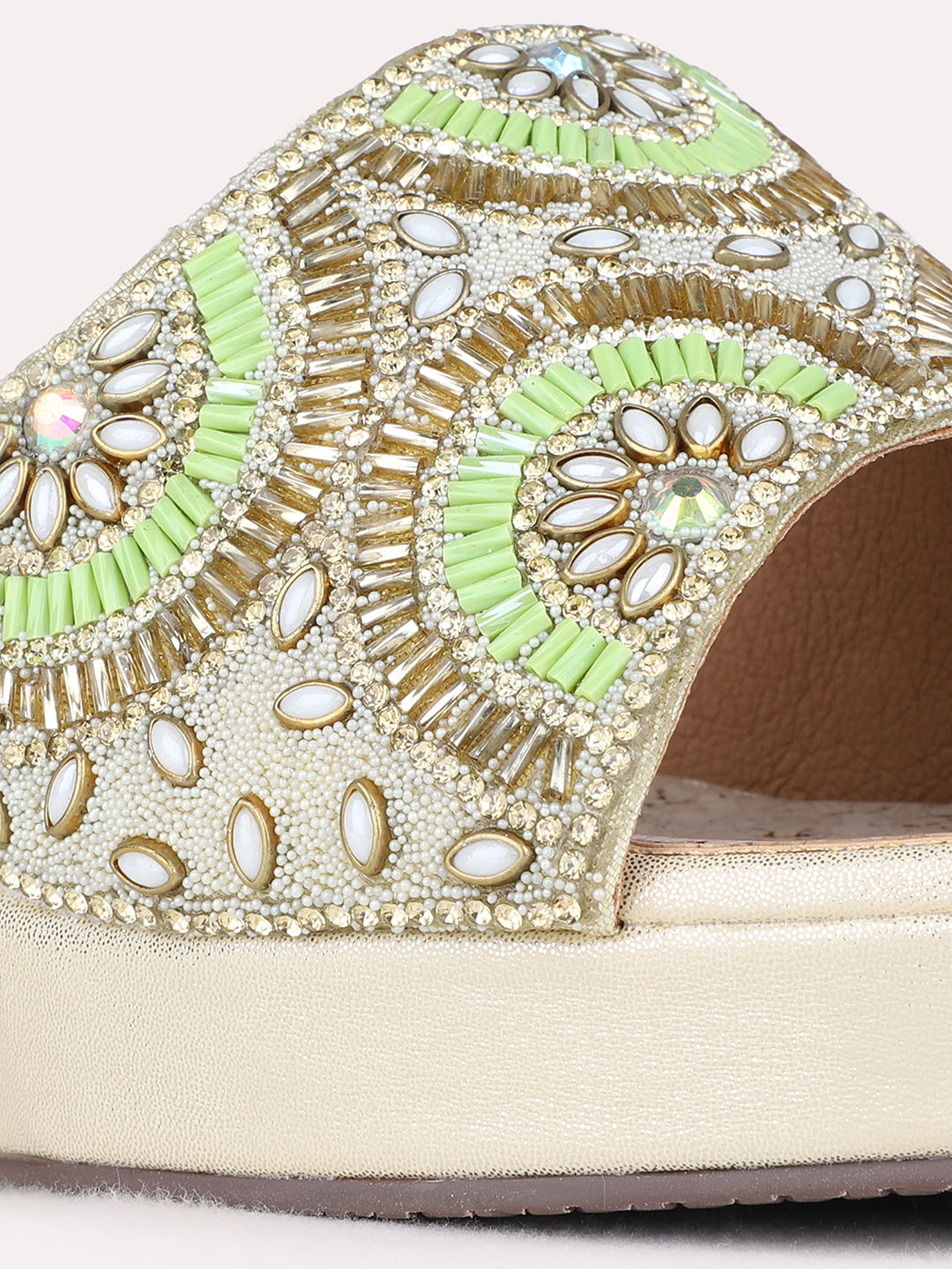 Womens Golden Ethnic Embellished Round Toe Wedge Heel Sandals