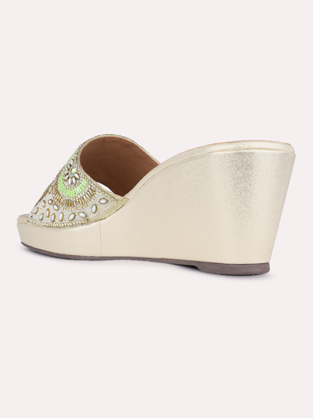 Womens Golden Ethnic Embellished Round Toe Wedge Heel Sandals