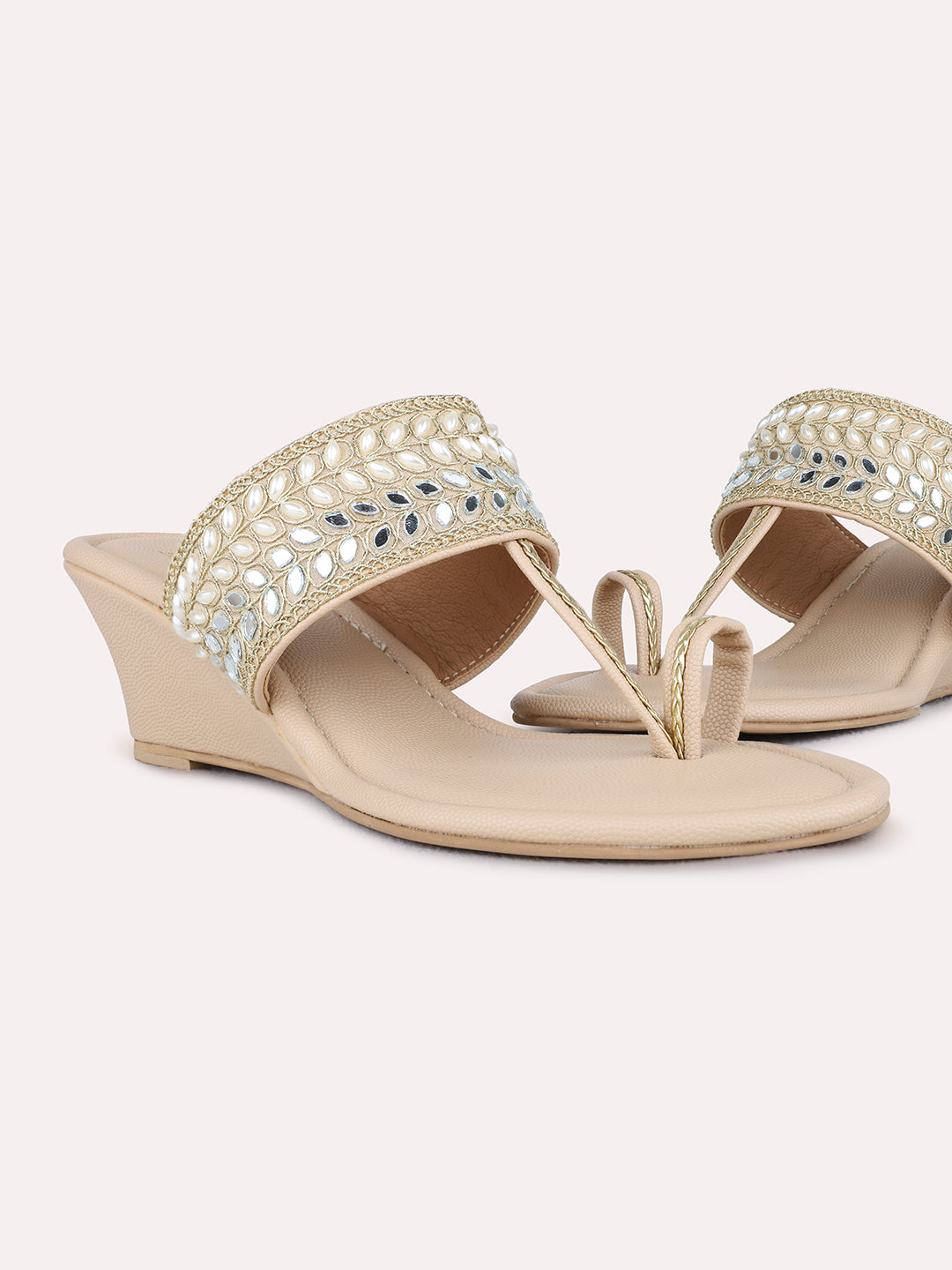 Womens Beige Ethnic Embellished Pattern Wedge Heel Sandals