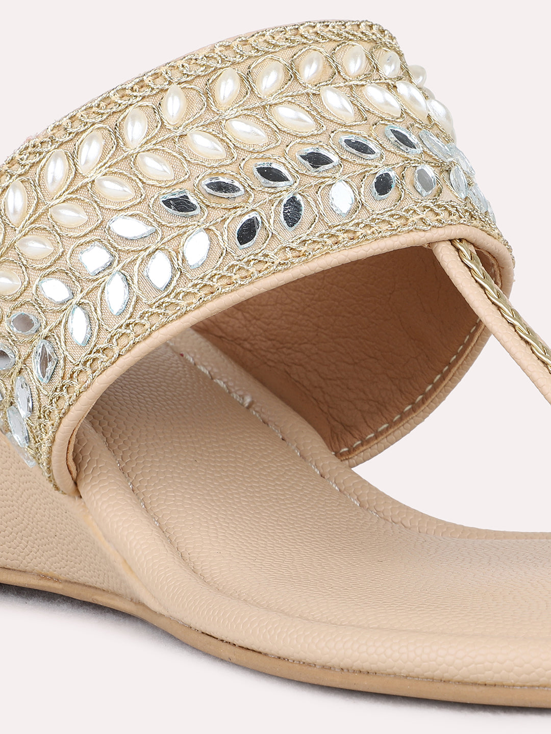 Womens Beige Ethnic Embellished Pattern Wedge Heel Sandals