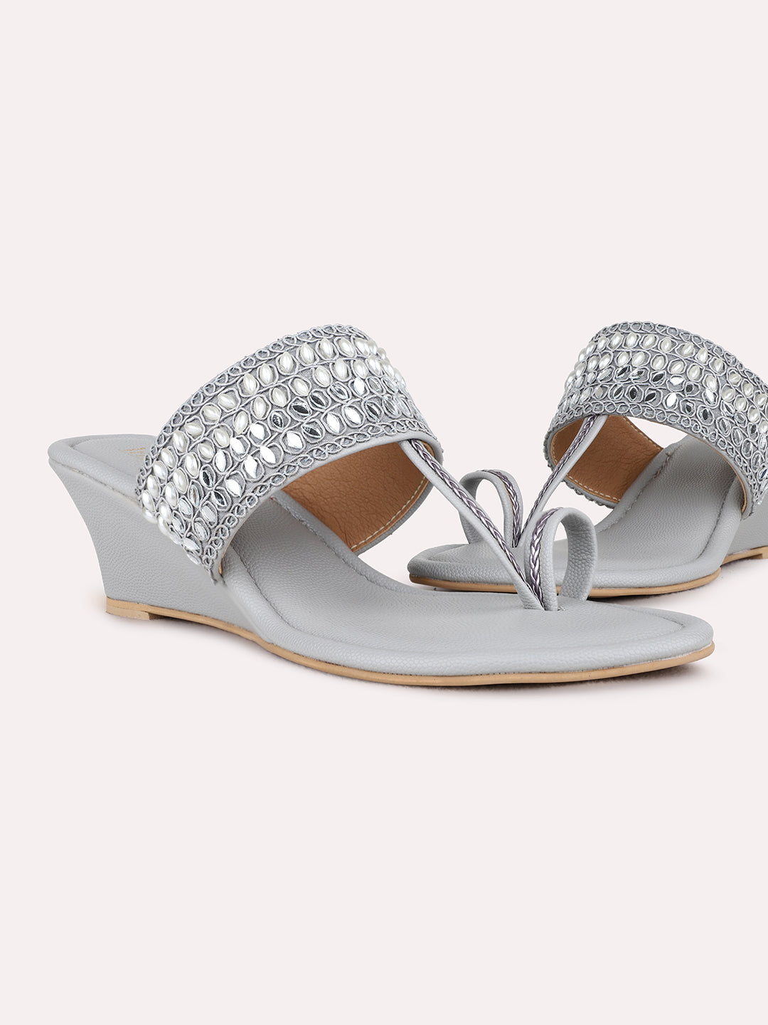 Womens Grey Ethnic Embellished Wedge Heel Sandals