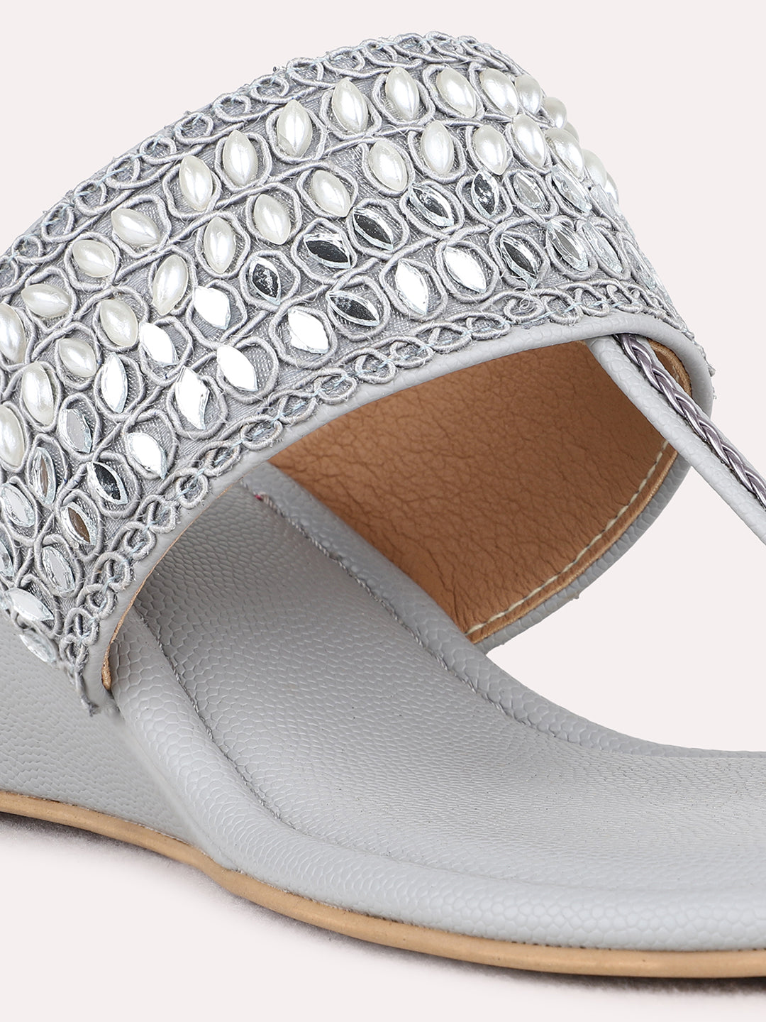 Womens Grey Ethnic Embellished Wedge Heel Sandals
