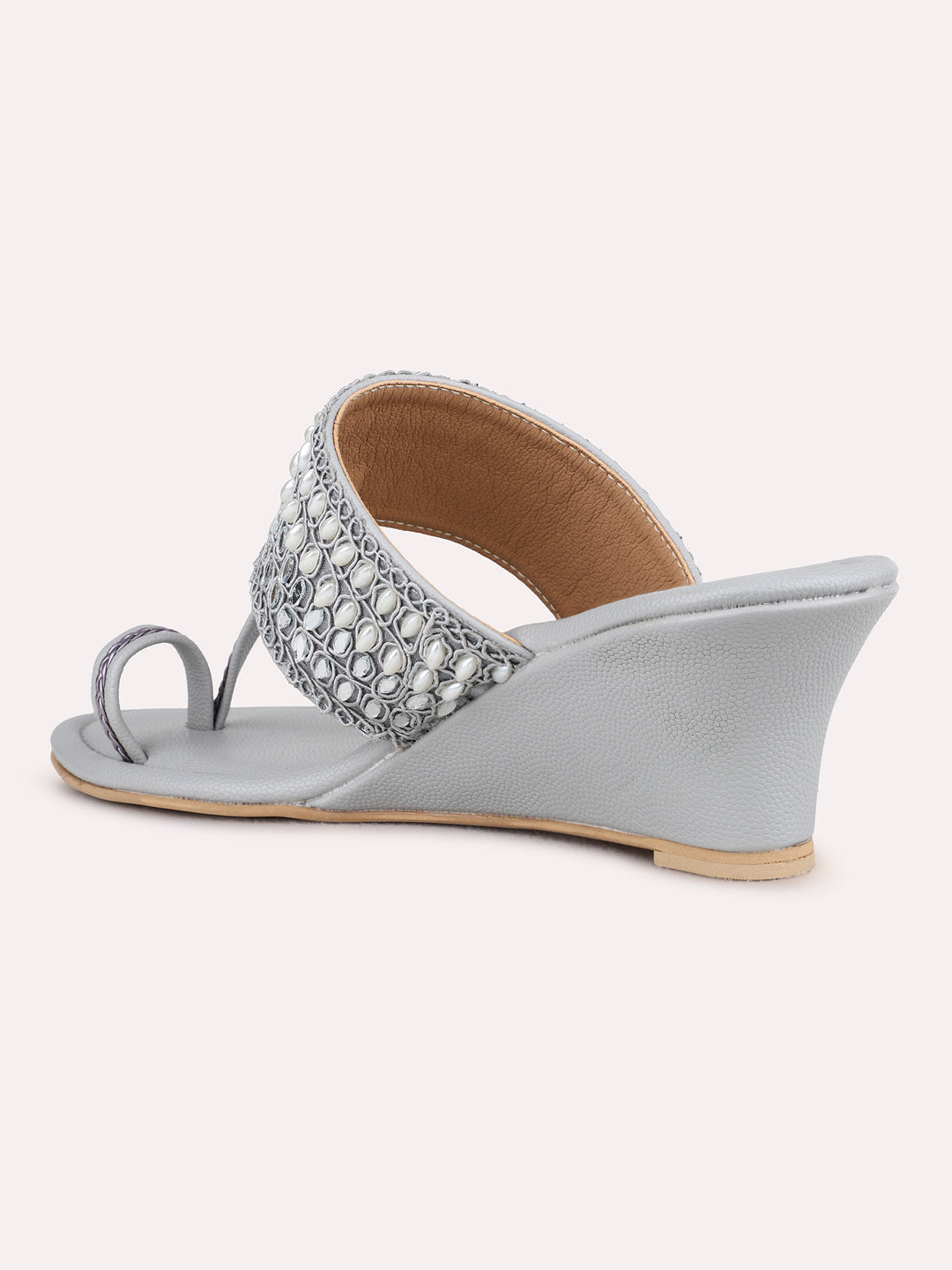 Womens Grey Ethnic Embellished Wedge Heel Sandals
