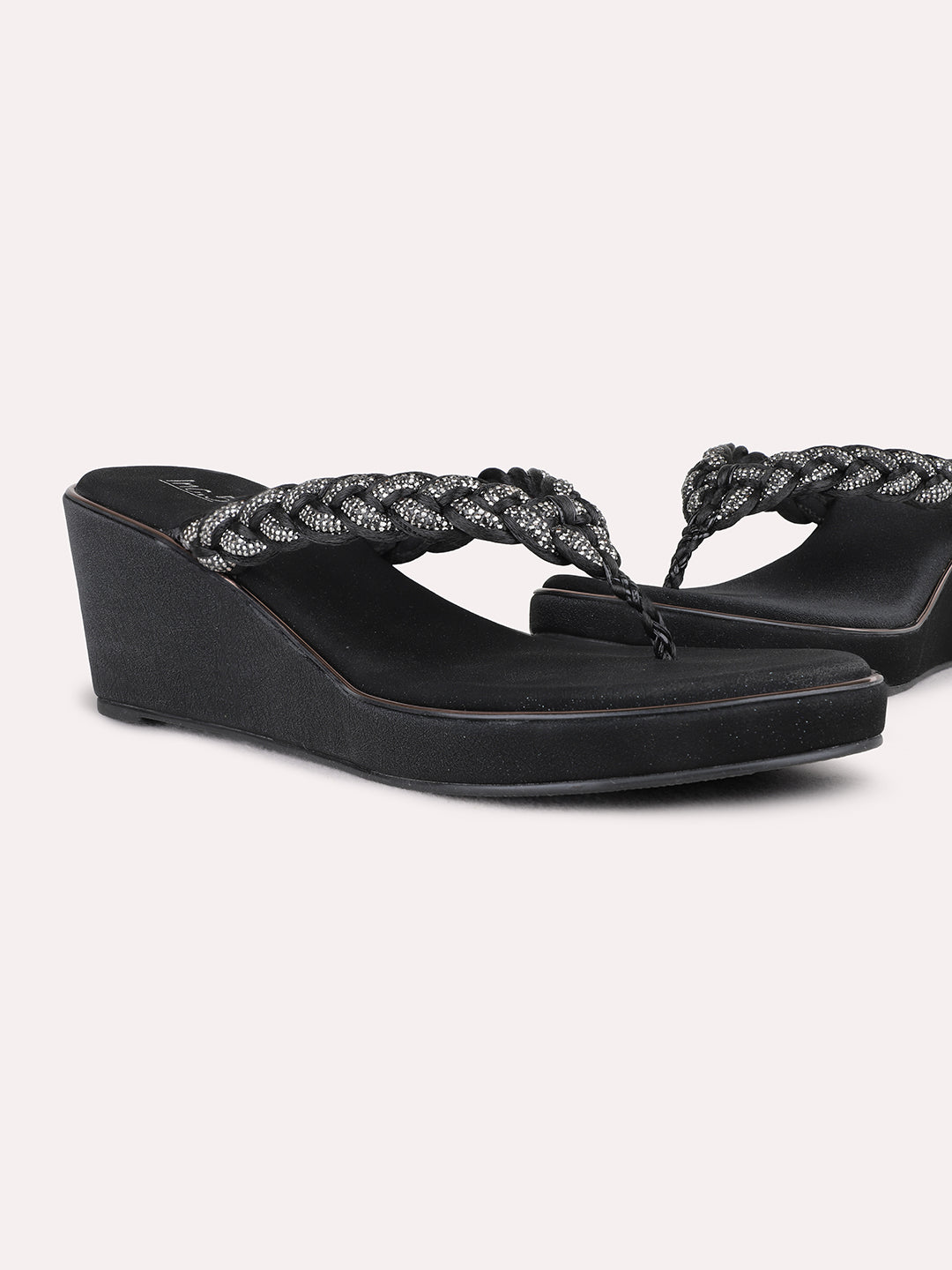 Womens Black Ethnic Embellished Wedges Sandal
