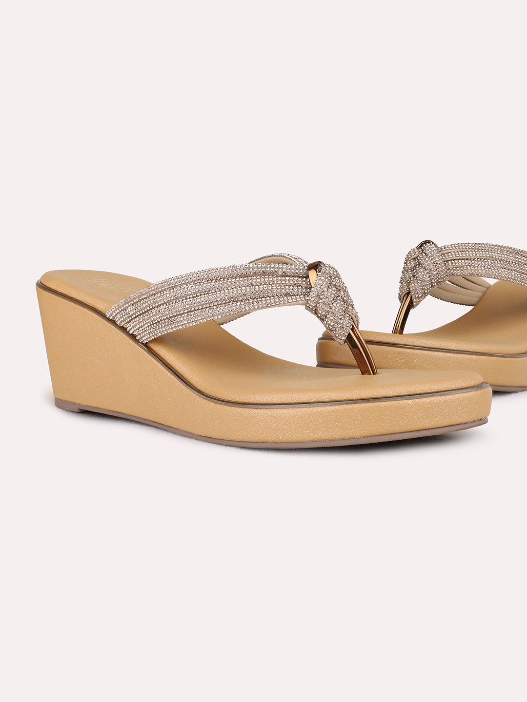 Womens Golden Ethnic Embellished Wedges Sandal