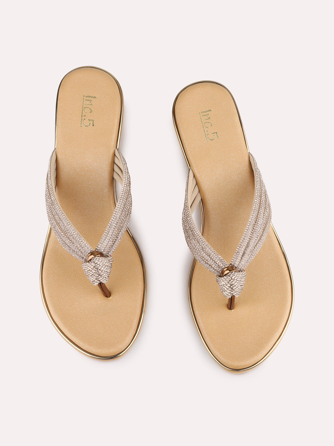 Womens Golden Ethnic Embellished Wedge Heels
