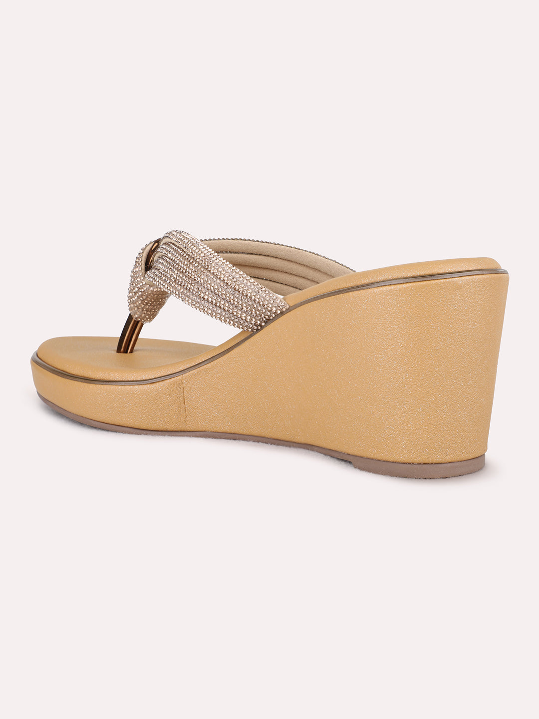 Womens Golden Ethnic Embellished Wedge Heels