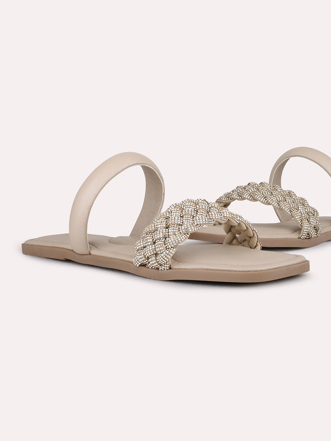 Womens Beige Casual Embellished Open Toe Flat Slip-On Sandals