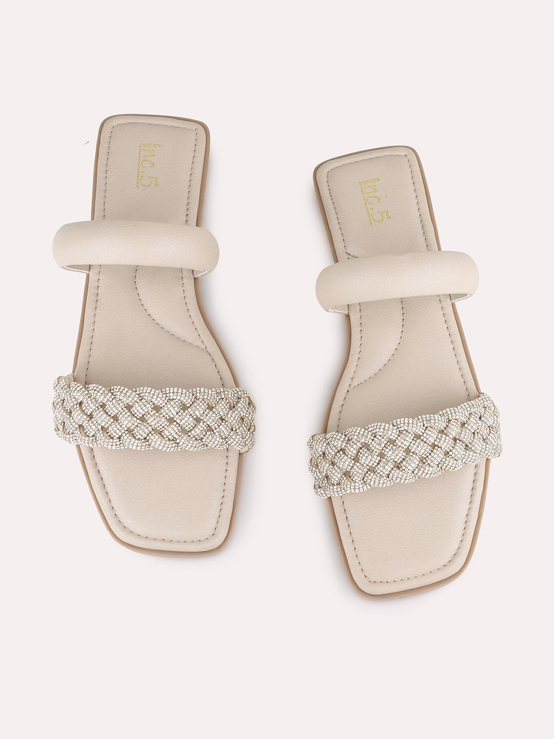 Womens Beige Casual Embellished Open Toe Flat Slip-On Sandals