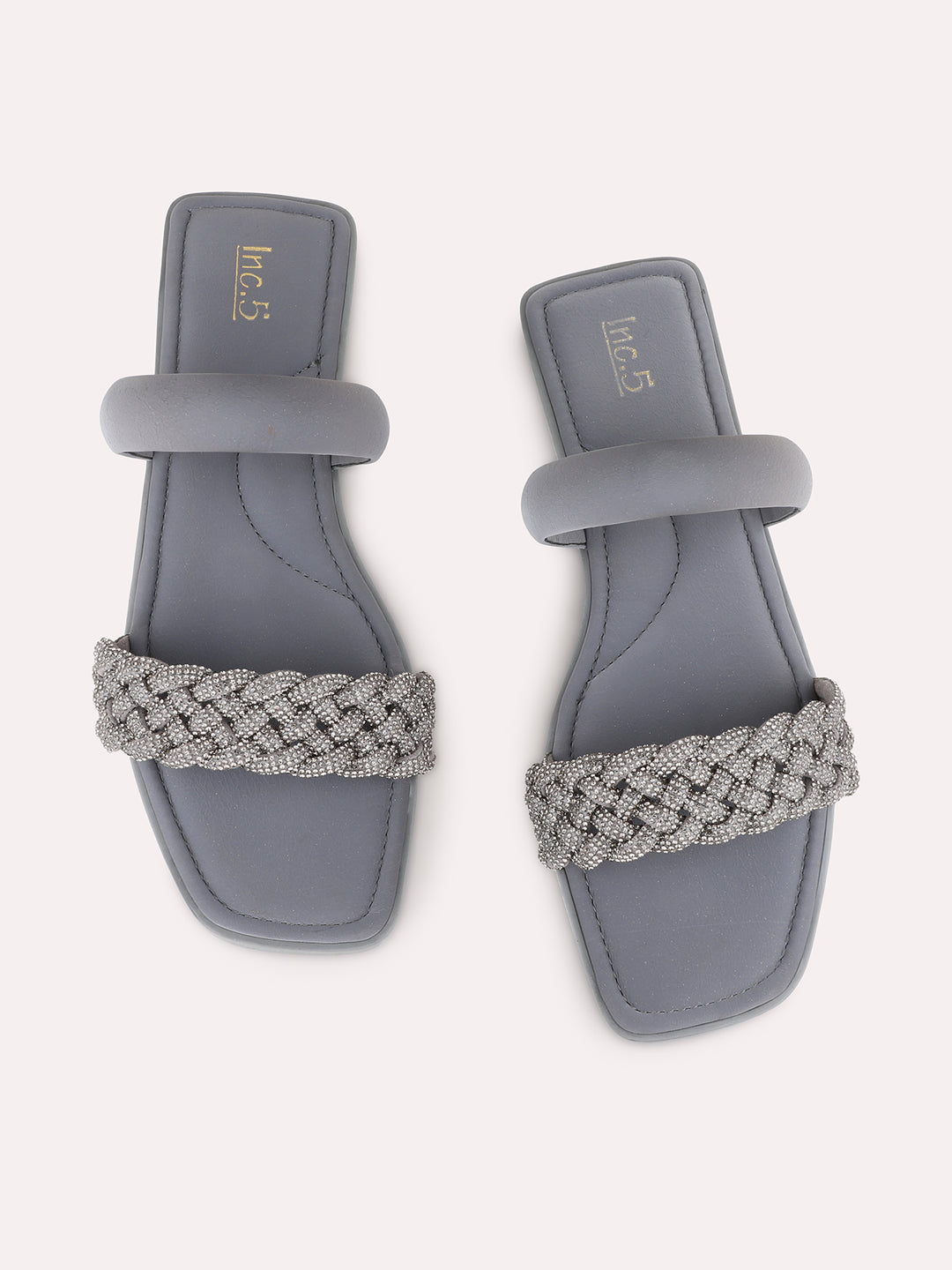 Womens Grey Casual Embellished Open Toe Flat Slip-On Sandals