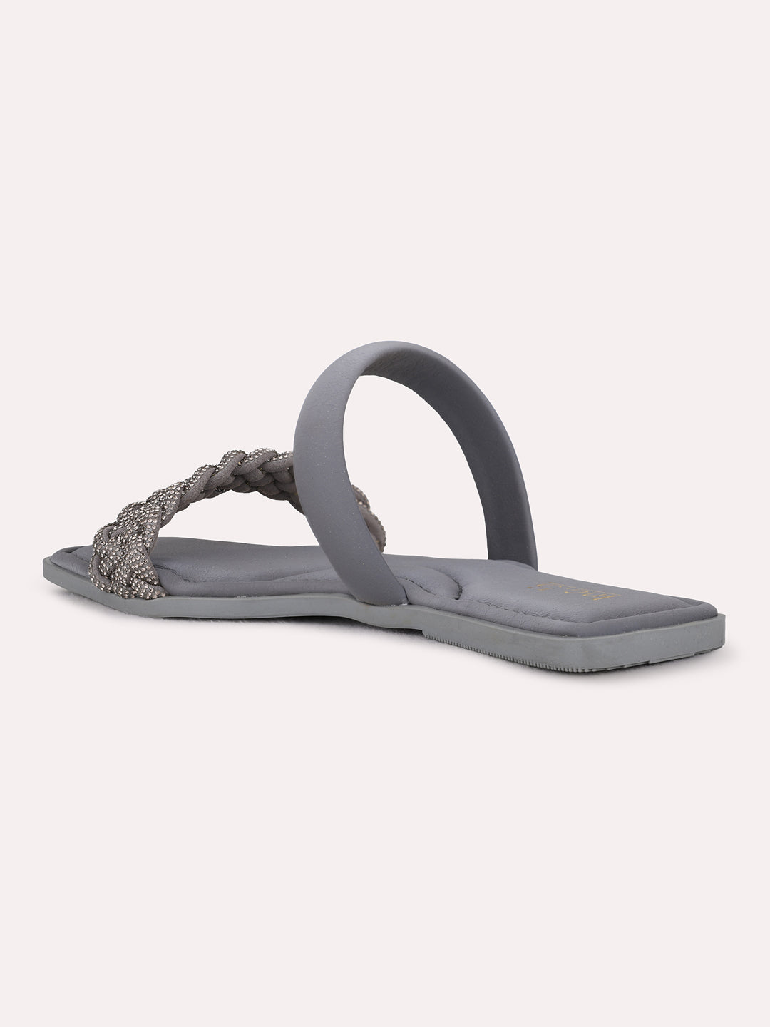 Womens Grey Casual Embellished Open Toe Flat Slip-On Sandals