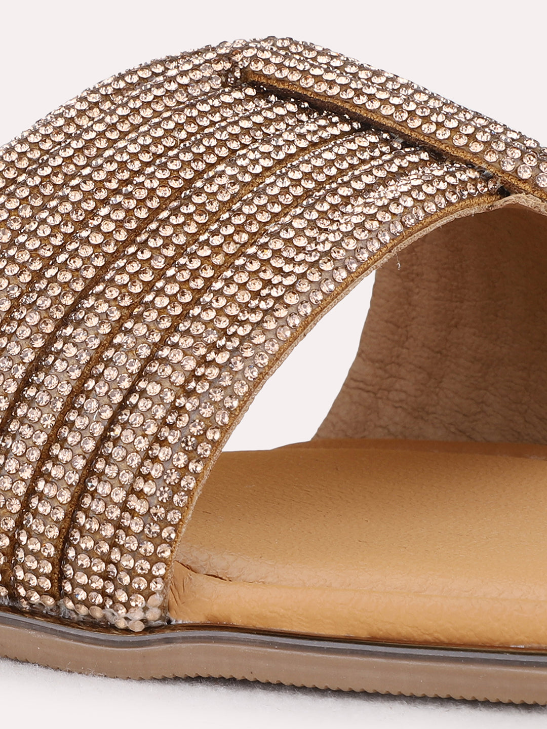Womens Golden Ethnic Embellished Open Toe Flat Slip-Ons