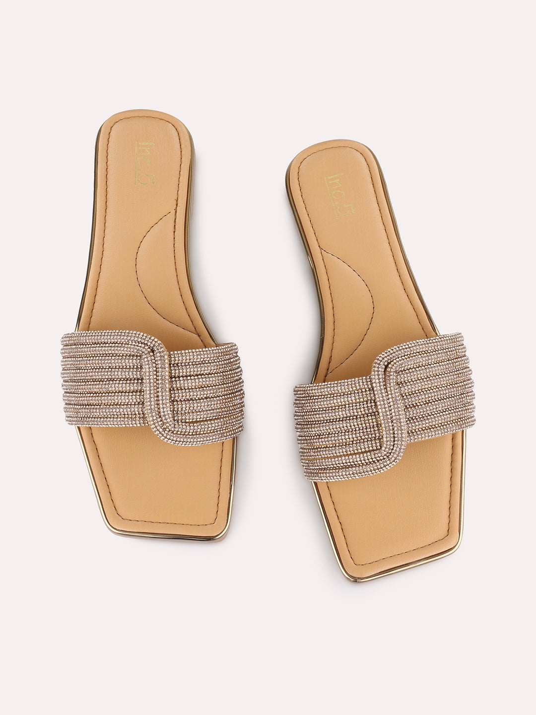 Womens Golden Ethnic Embellished Open Toe Flat Slip-Ons