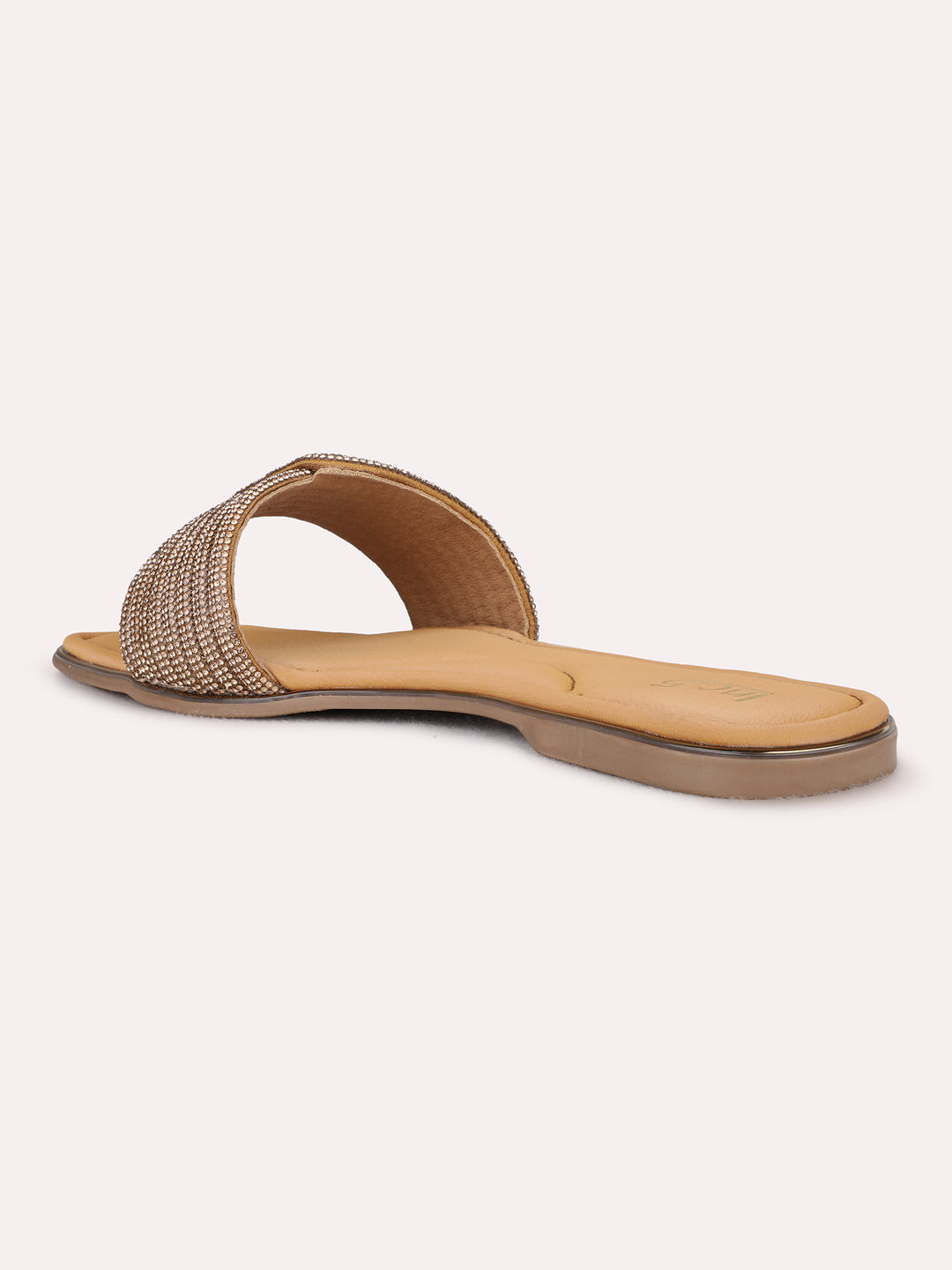 Womens Golden Ethnic Embellished Open Toe Flat Slip-Ons