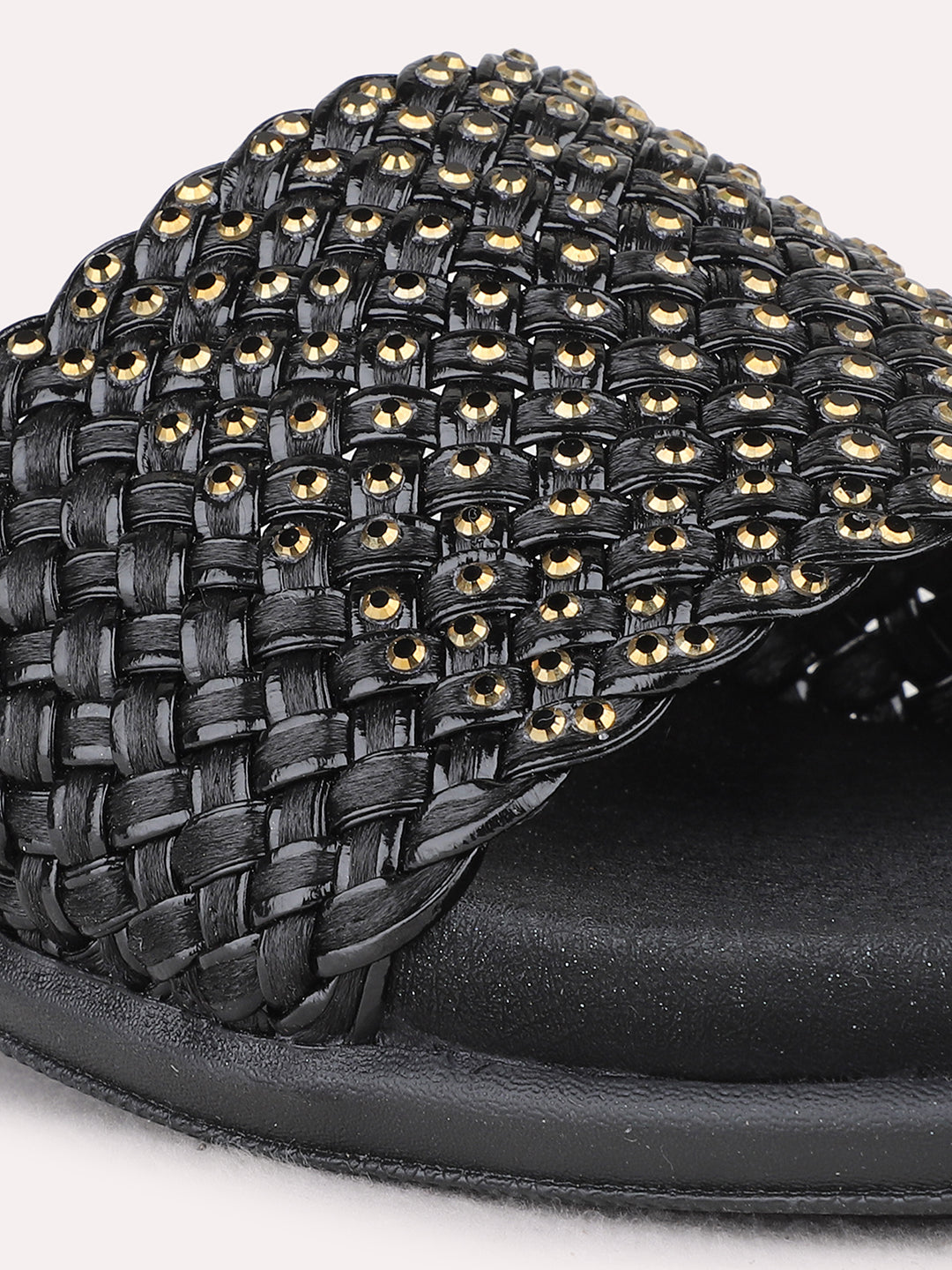 Womens Black Ethnic Embellished Open Toe Flat Sandals