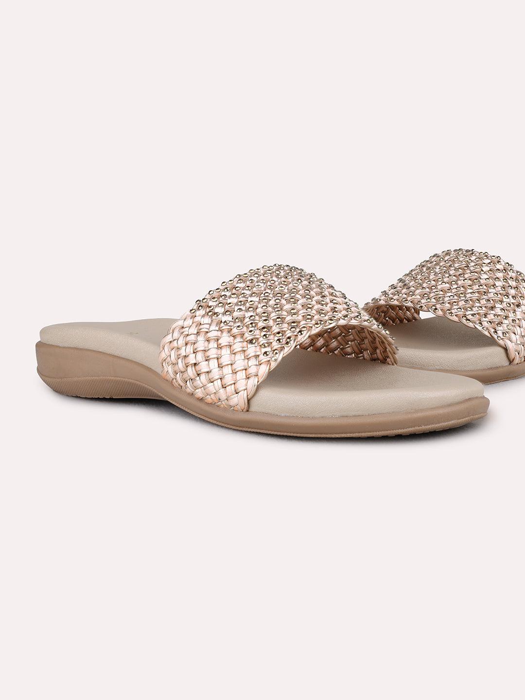 Womens Rose Gold Ethnic Embellished Open Toe Flat Sandals